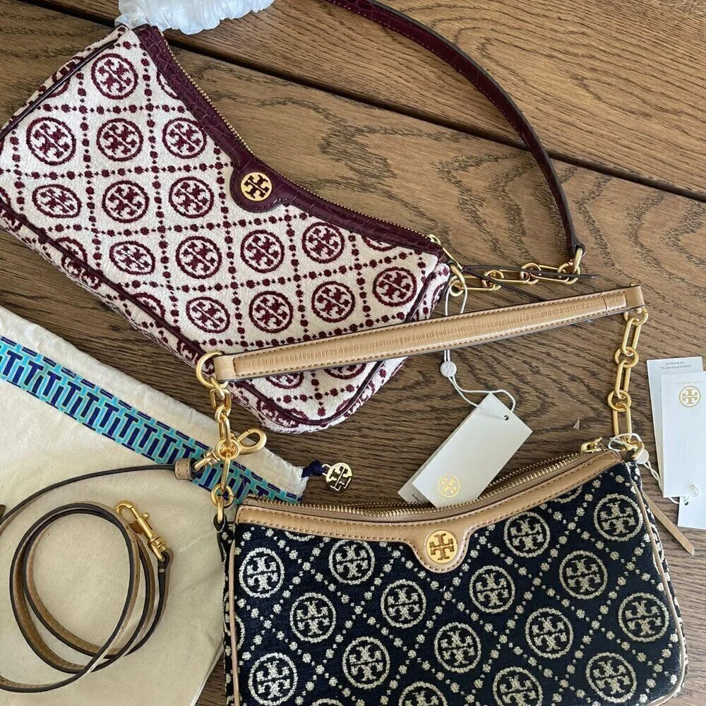 NWT! NEW! Tory Burch T MONOGRAM CHENILLE STUDIO BAG -Claret